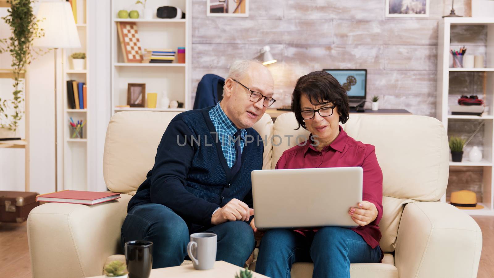 Seniors couple during a video call sitting on the couch in the living room. Aged people using modern technology