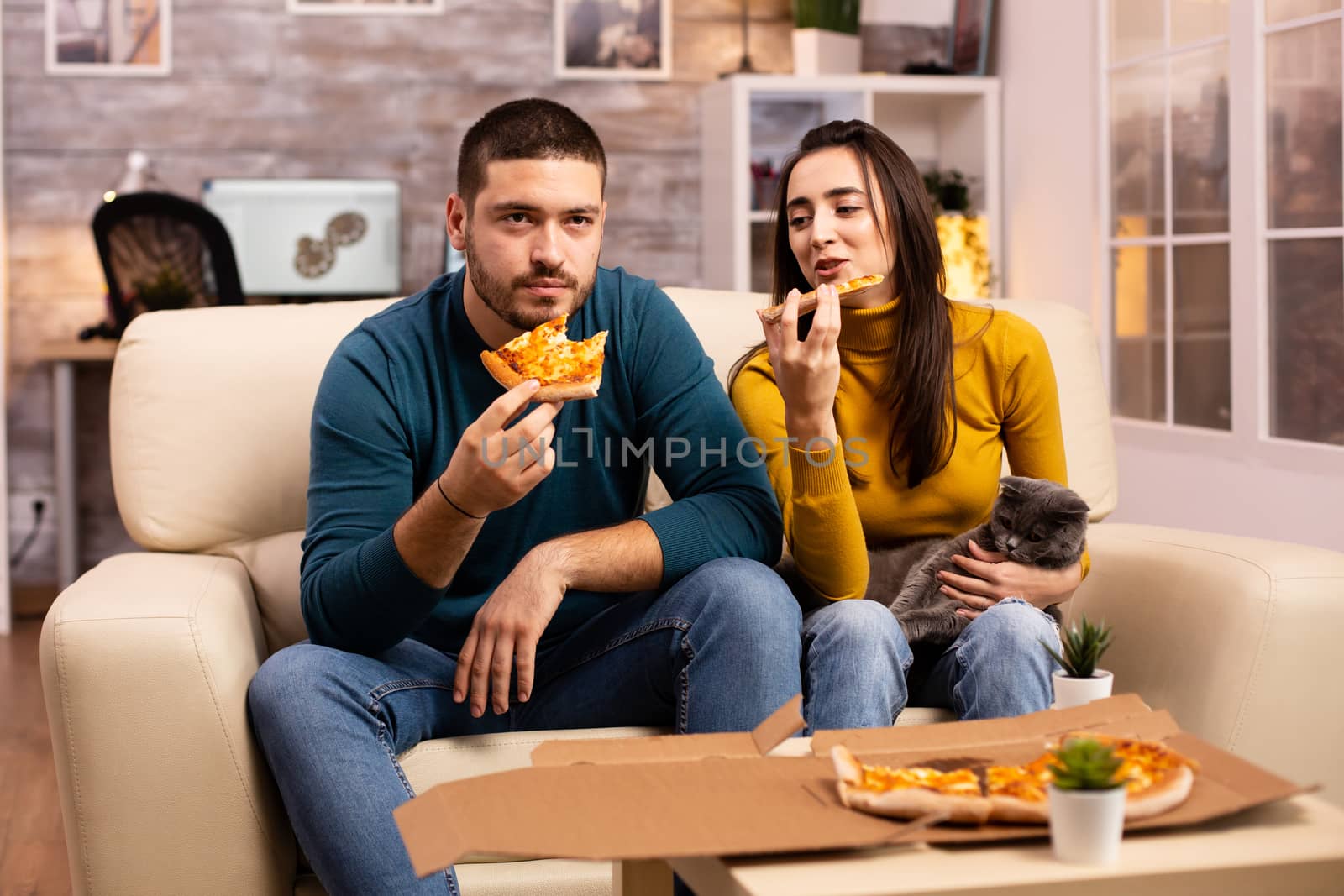 Gorgeous young couple eating pizza while watching TV in the living room sitting on the sofa