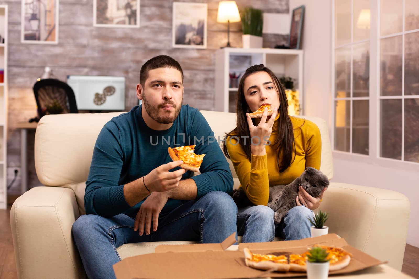 Gorgeous young couple eating pizza while watching TV in the living room sitting on the sofa