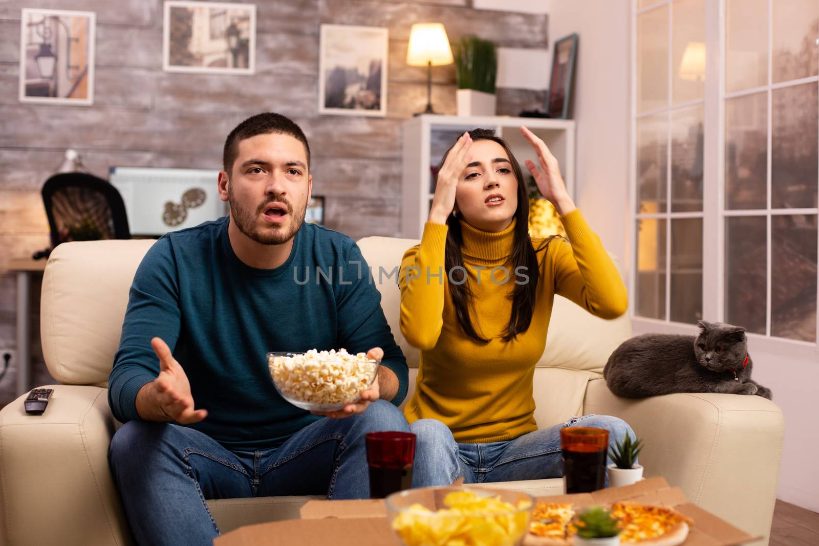 Couple cheering for their favourite team while watching TV by DCStudio