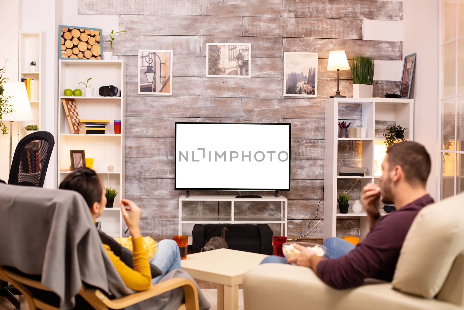 Couple looking at isolated TV screen in cozy living room by DCStudio