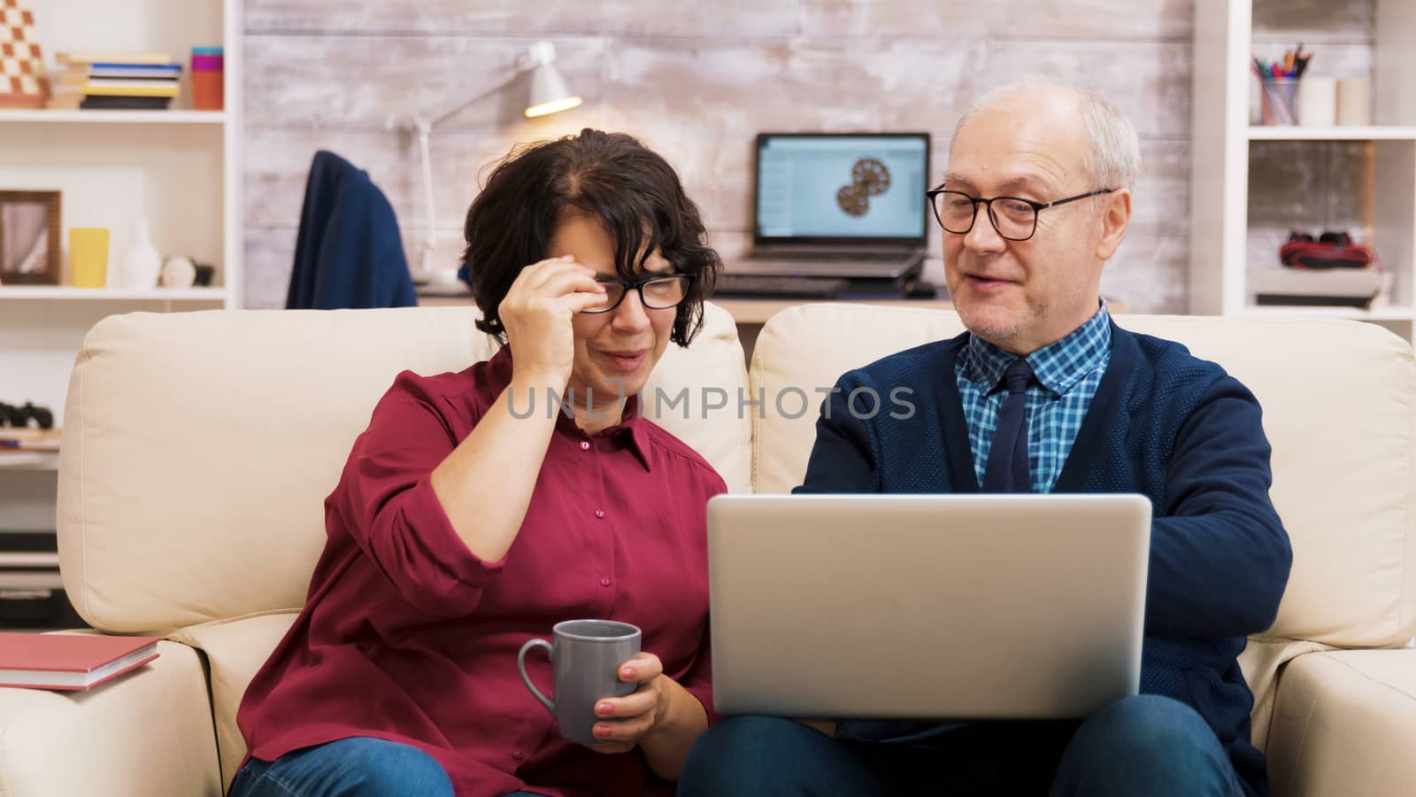 Happy senior middle aged couple sitting on sofa waving at laptop during a video call.