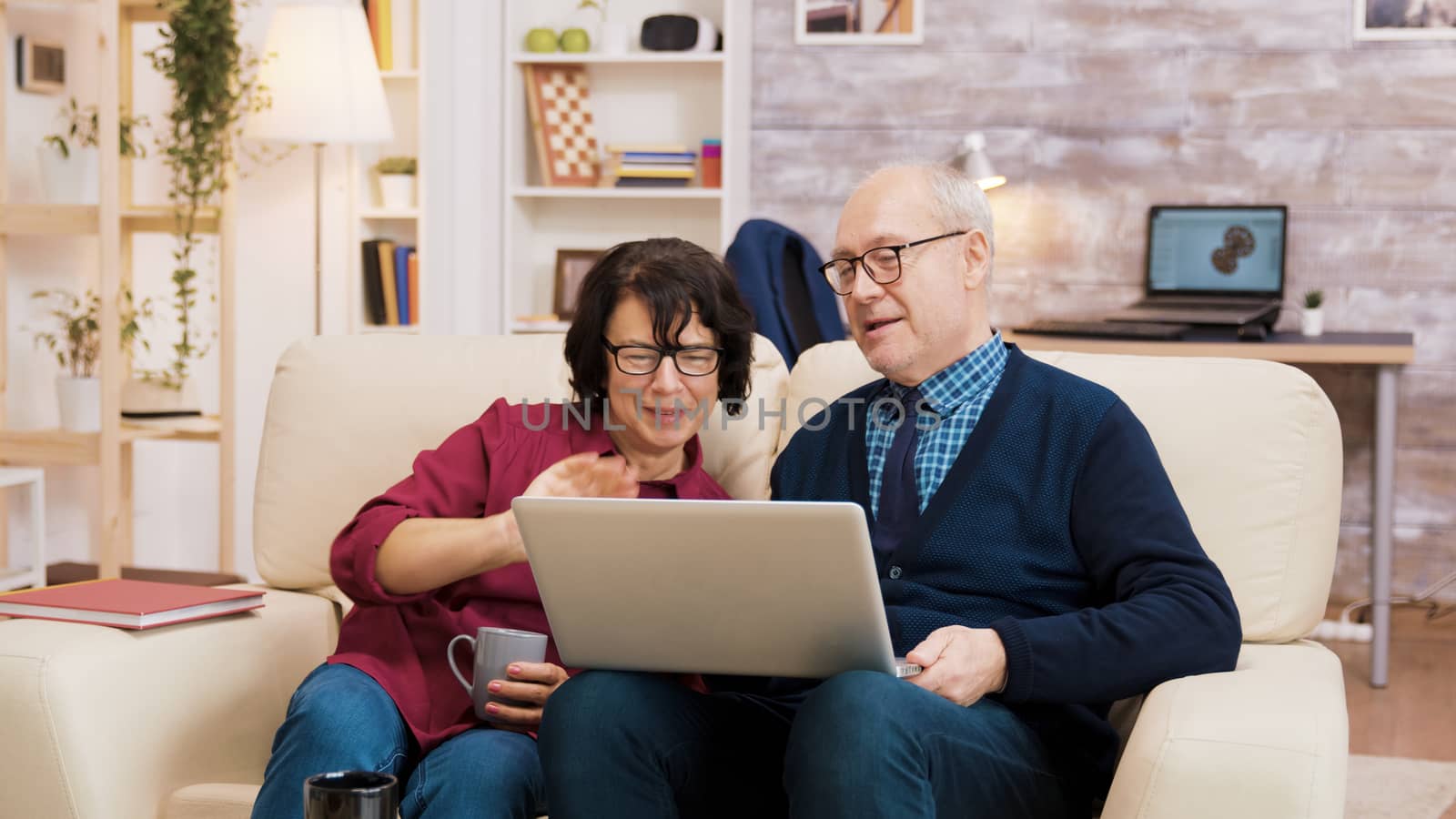 Elderly age couple with glasses sitting on sofa during a video call on laptop. Aged couple using modern technology