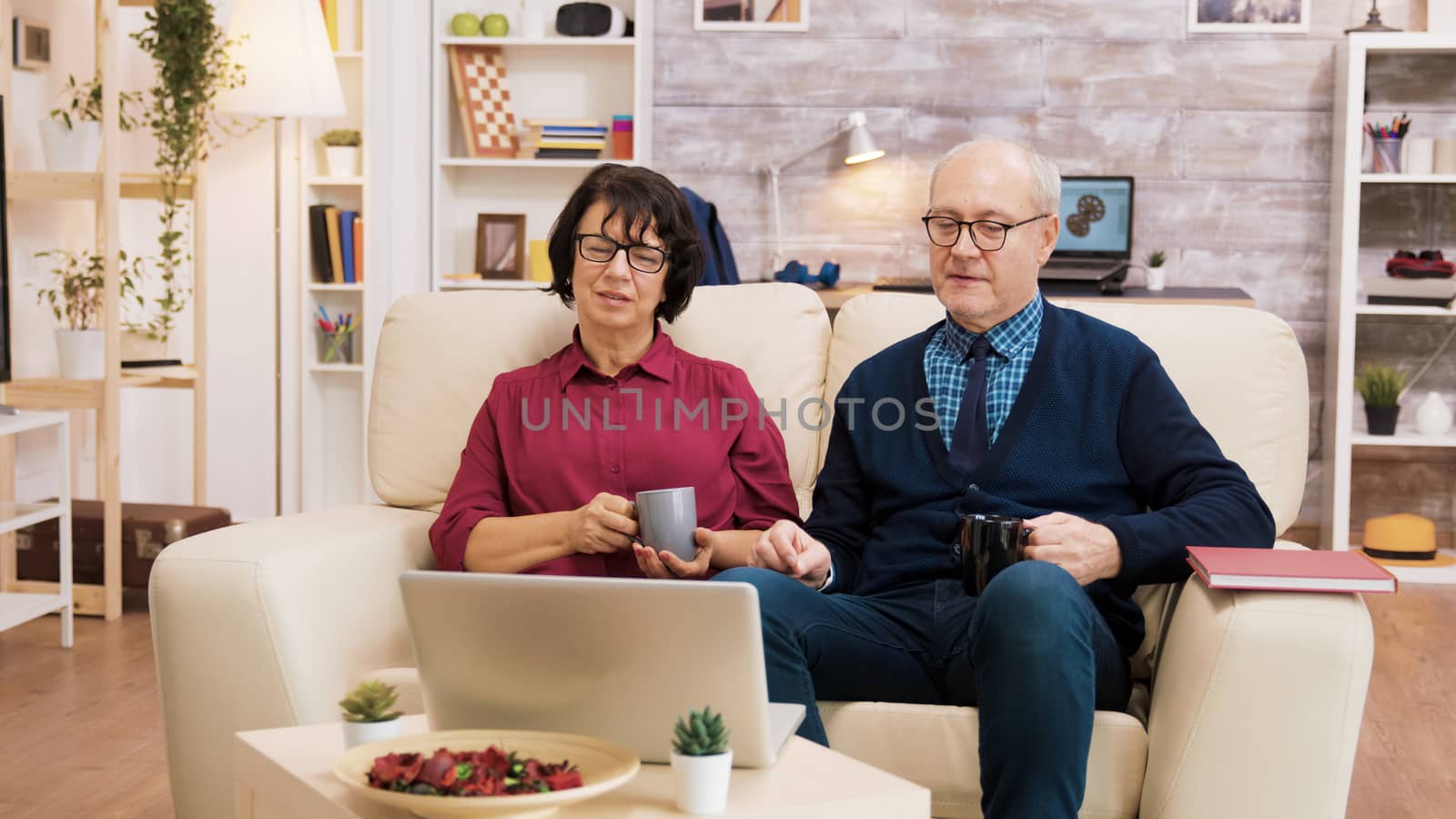 Couple of old people using modern technology. They are on a video call using laptop