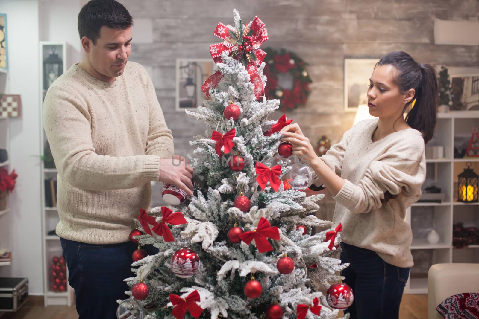 Beautiful caucasian couple preparing their christmas tree by DCStudio
