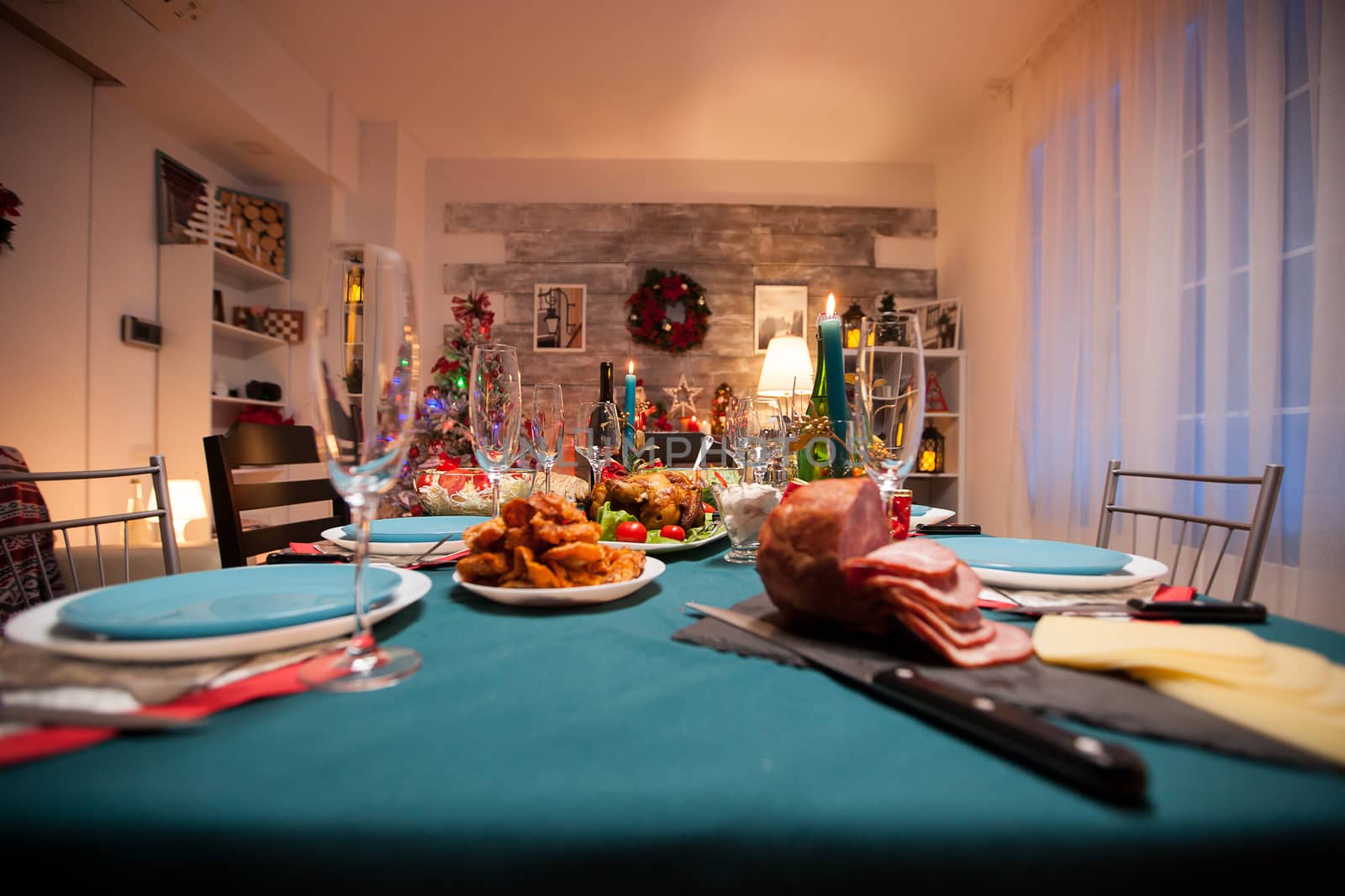 Roasted chicken for christmas family celebration on the table.