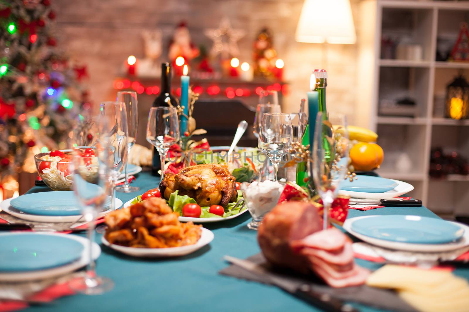 Christmas celebration with delicious food on the table.