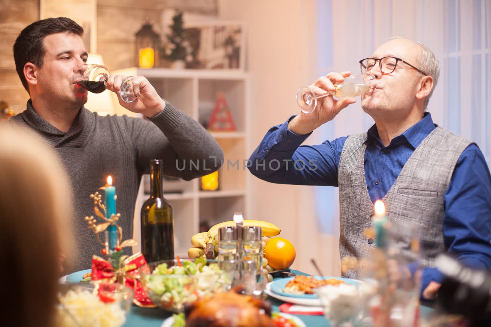 Happy senior man and his son drinking a glass of wine together by DCStudio