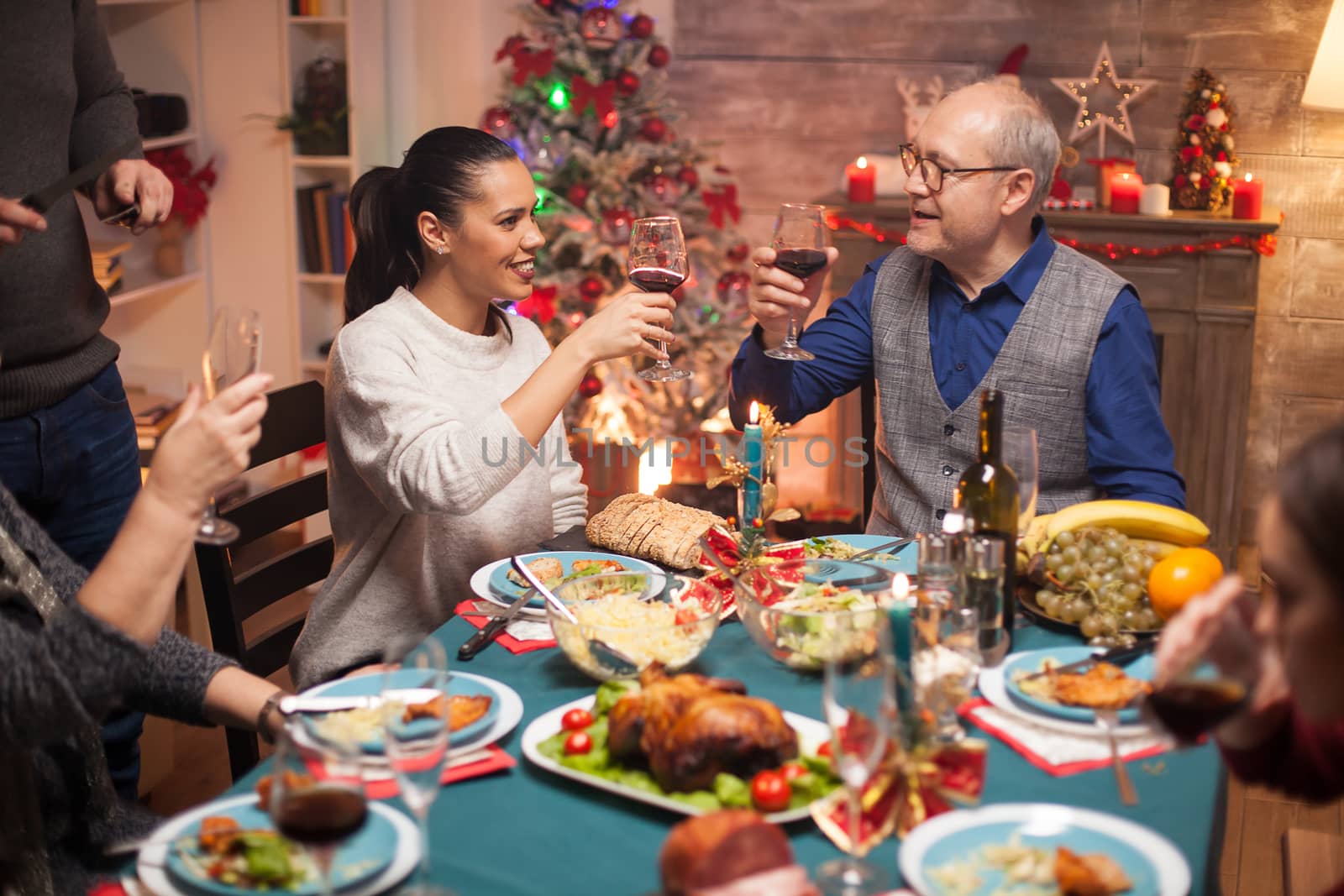 Happy senior man clinking a glass of wine with his daughter at christmas family celebration.