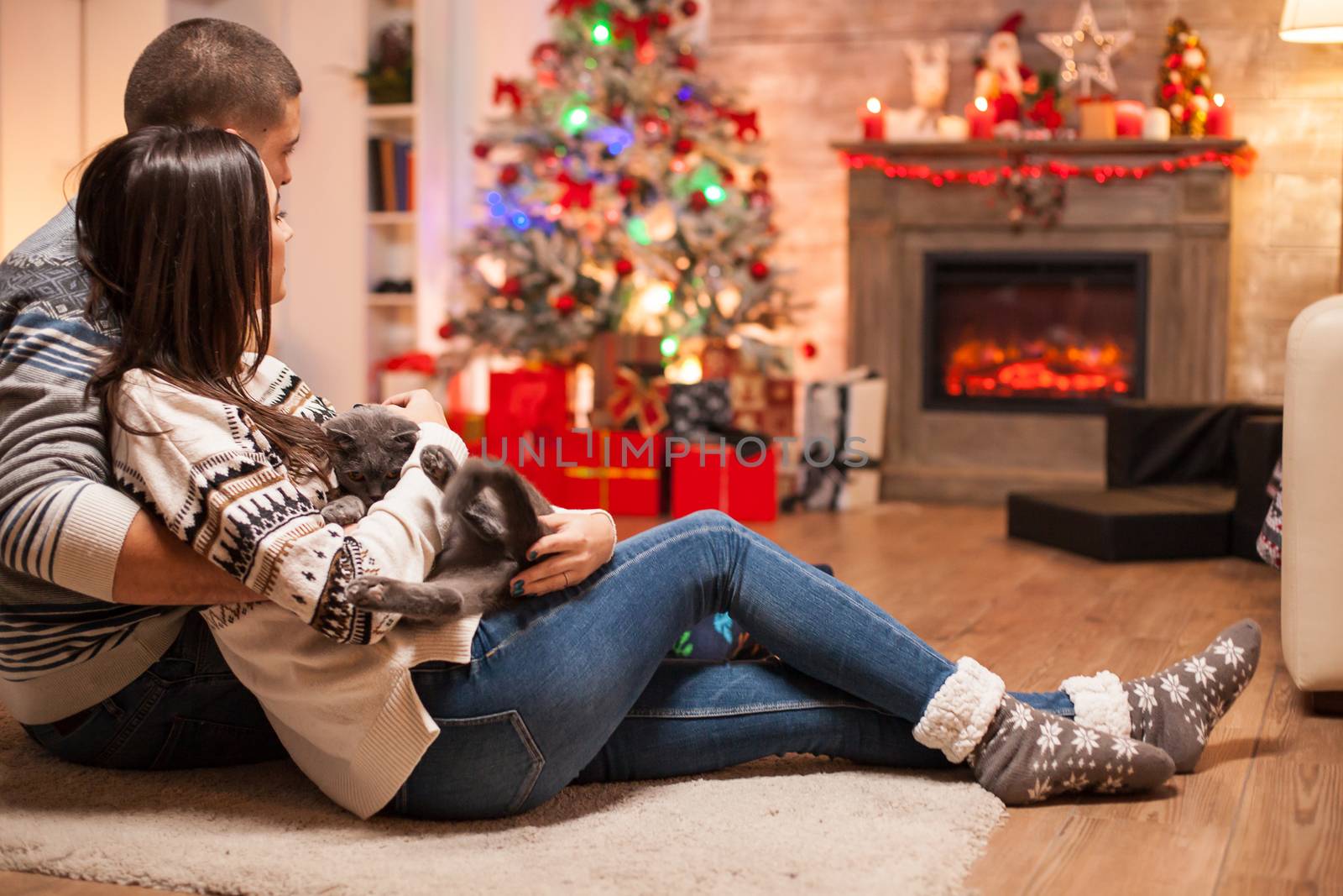 Happy man laying on the floor with his girlfriend and scottish fold by DCStudio