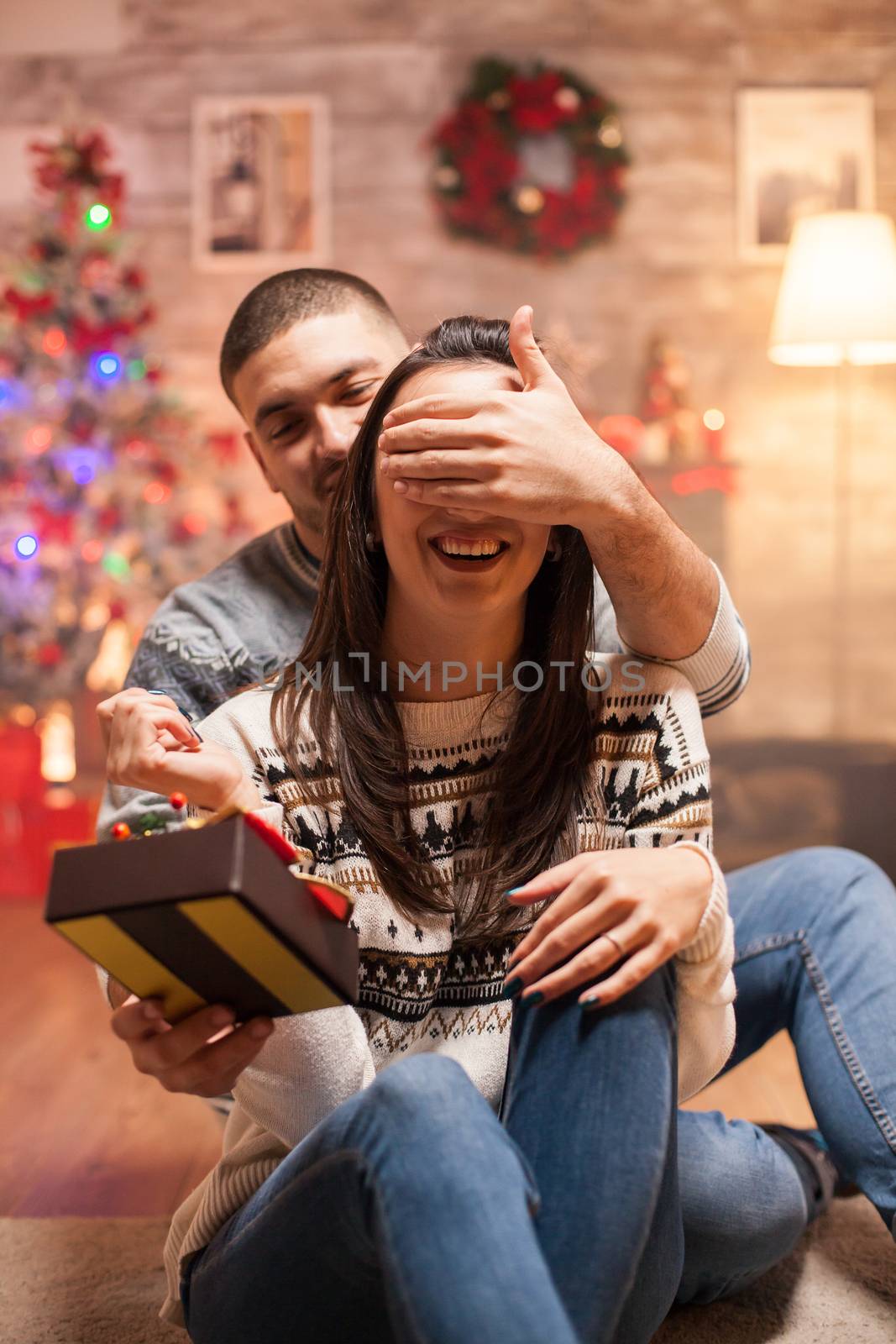 Smiling girlfriend with eyes covered receiving her christmas gift from loving boyfriend.
