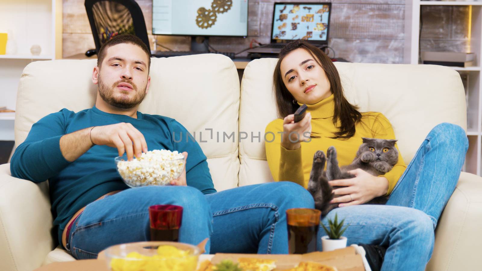 Bored girl sitting on the couch with the cat in her lap and boyfriend next to her is using tv remote control.
