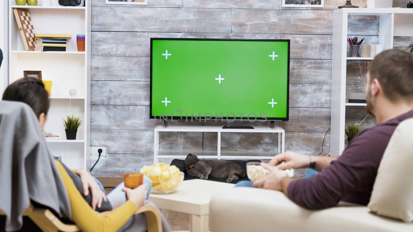 Back view of young couple sitting on chair eating popcorn , watching tv with green screen and their cat licking her fur.