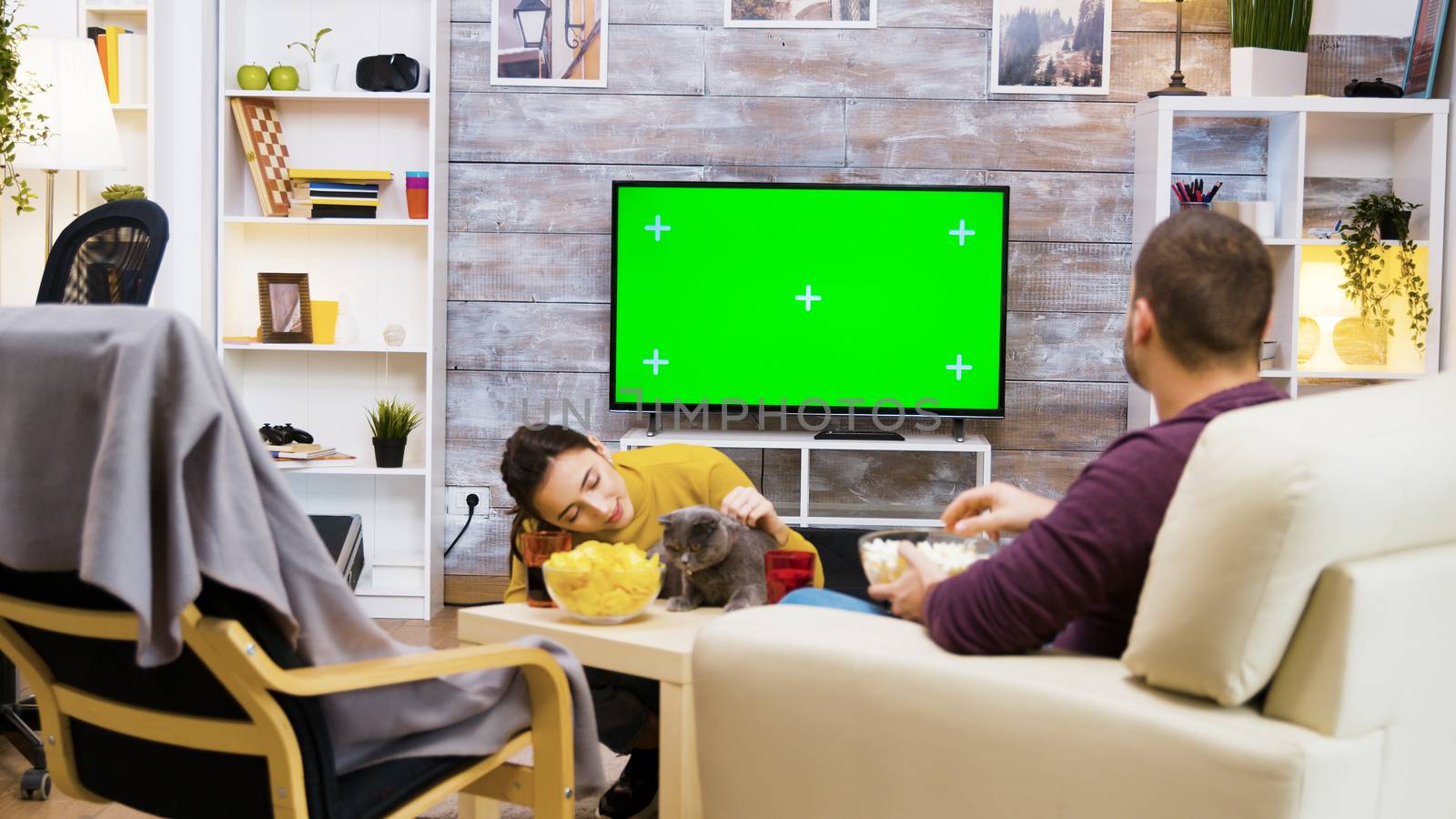 Sequence of young girl playing with her cat in front of tv with green screen. Boyfriend sitting on chair eating popcorn.