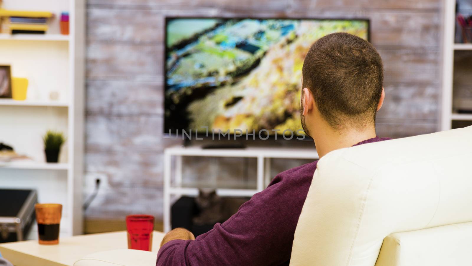 Back view of young man sitting on chair eating popcorn in front of tv.