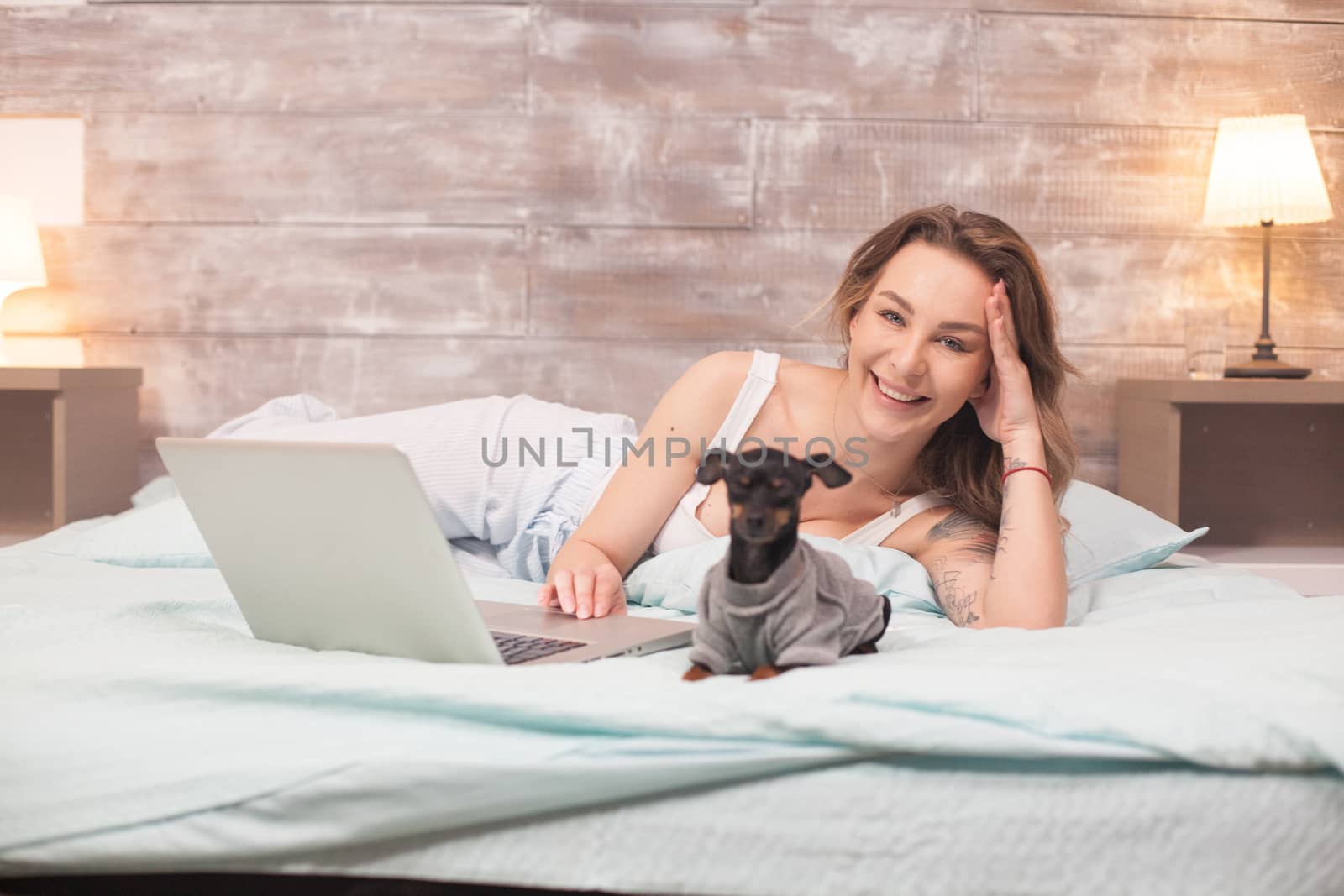 Young woman laughing while using her laptop in bed wearing pajamas. Little dog.