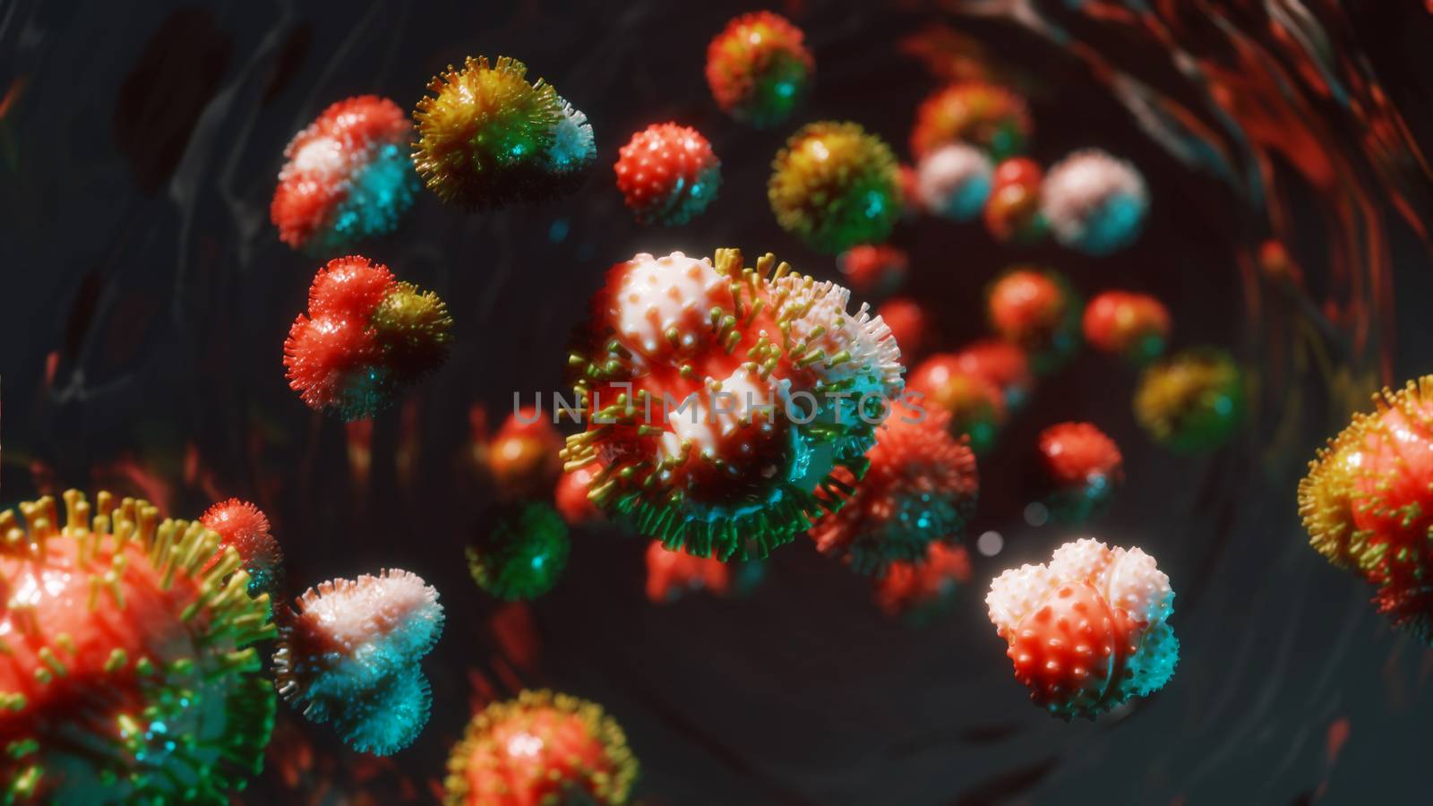 3D render of virus or bacteria cell in blood stream. 2019-ncov or coronavirus asian flu