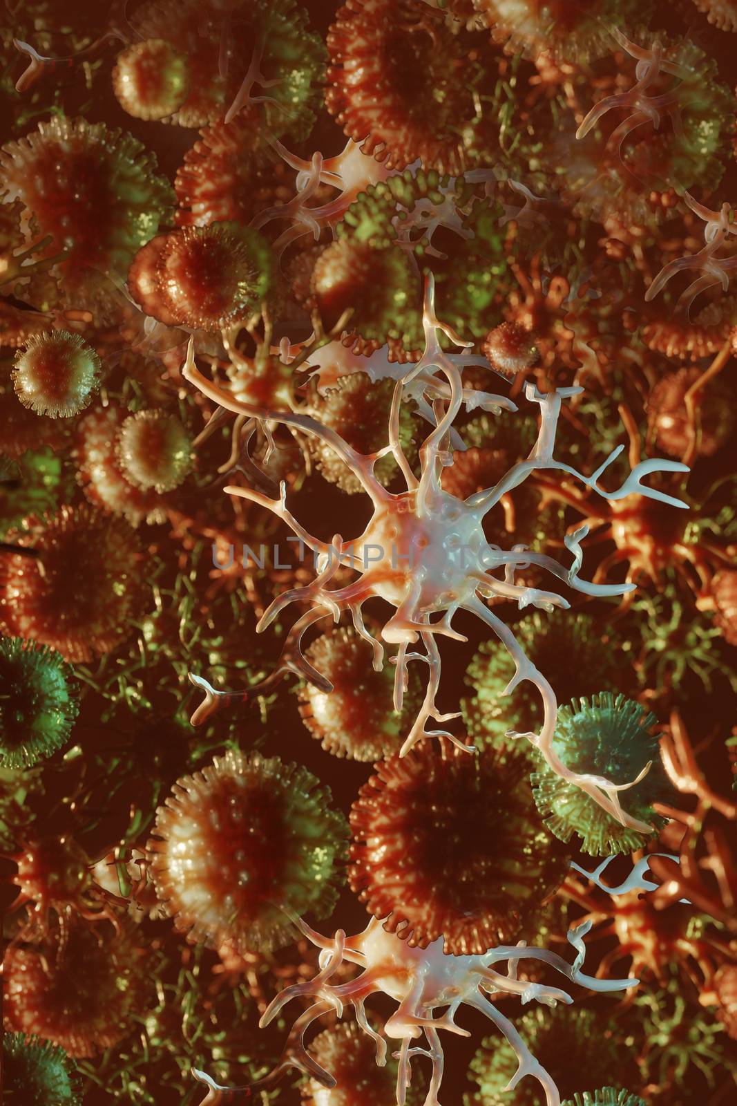 Virus or coronavirus bacteria cell in close up. 3D render image of global health crisis