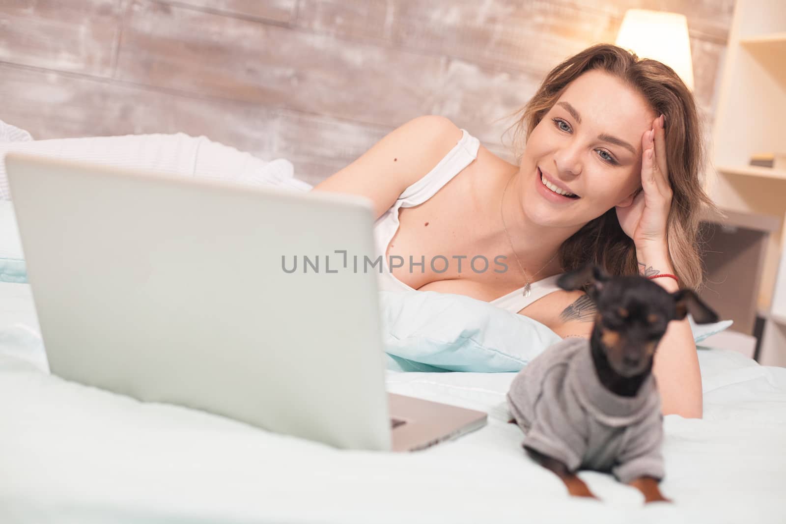 Caucasian beautiful woman smiling while using laptop wearing pajamas. Happy dog.