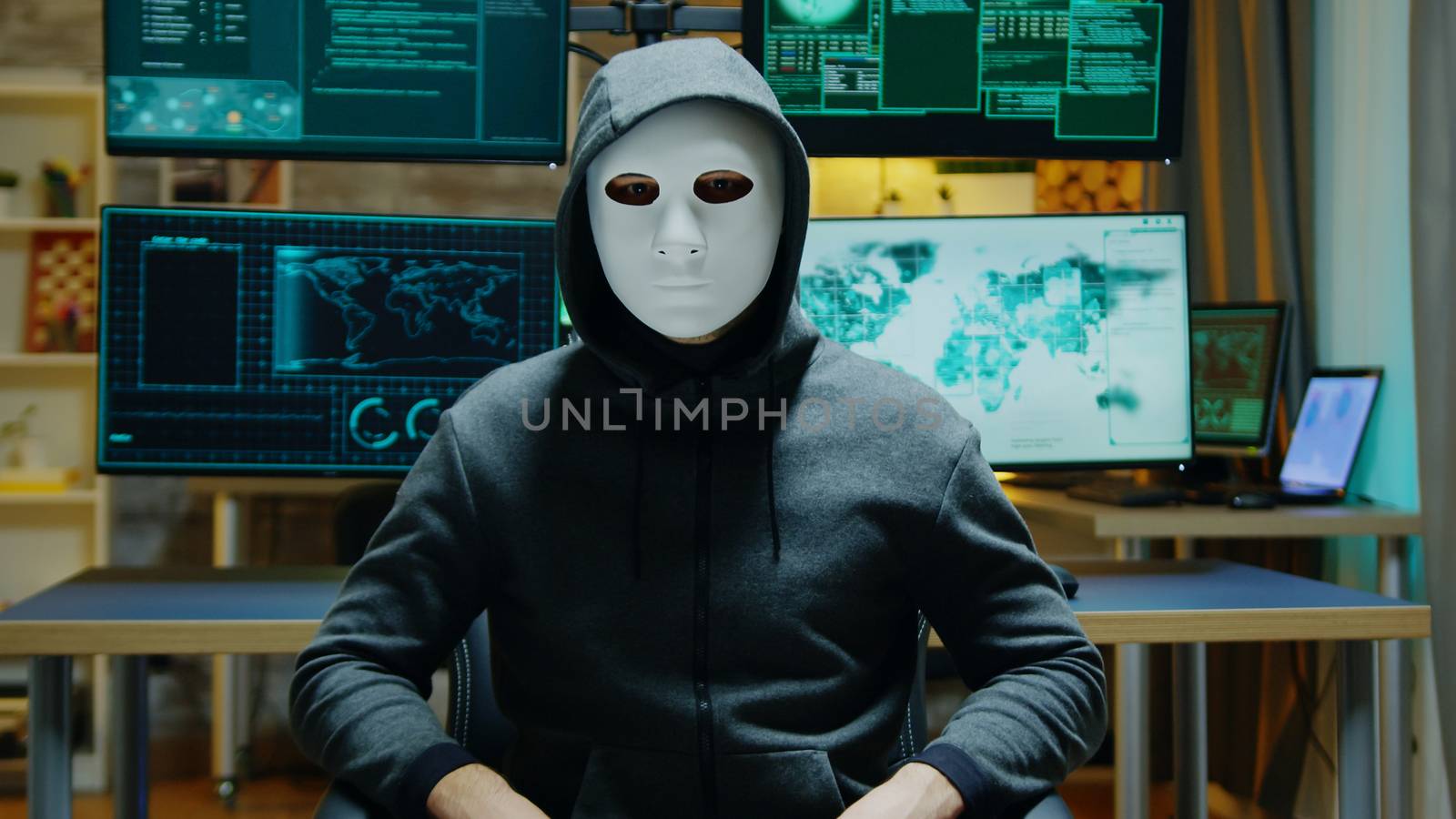 Dangerous hacker hiding his identity wearing a white mask while using augmented reality to steal confidential data.