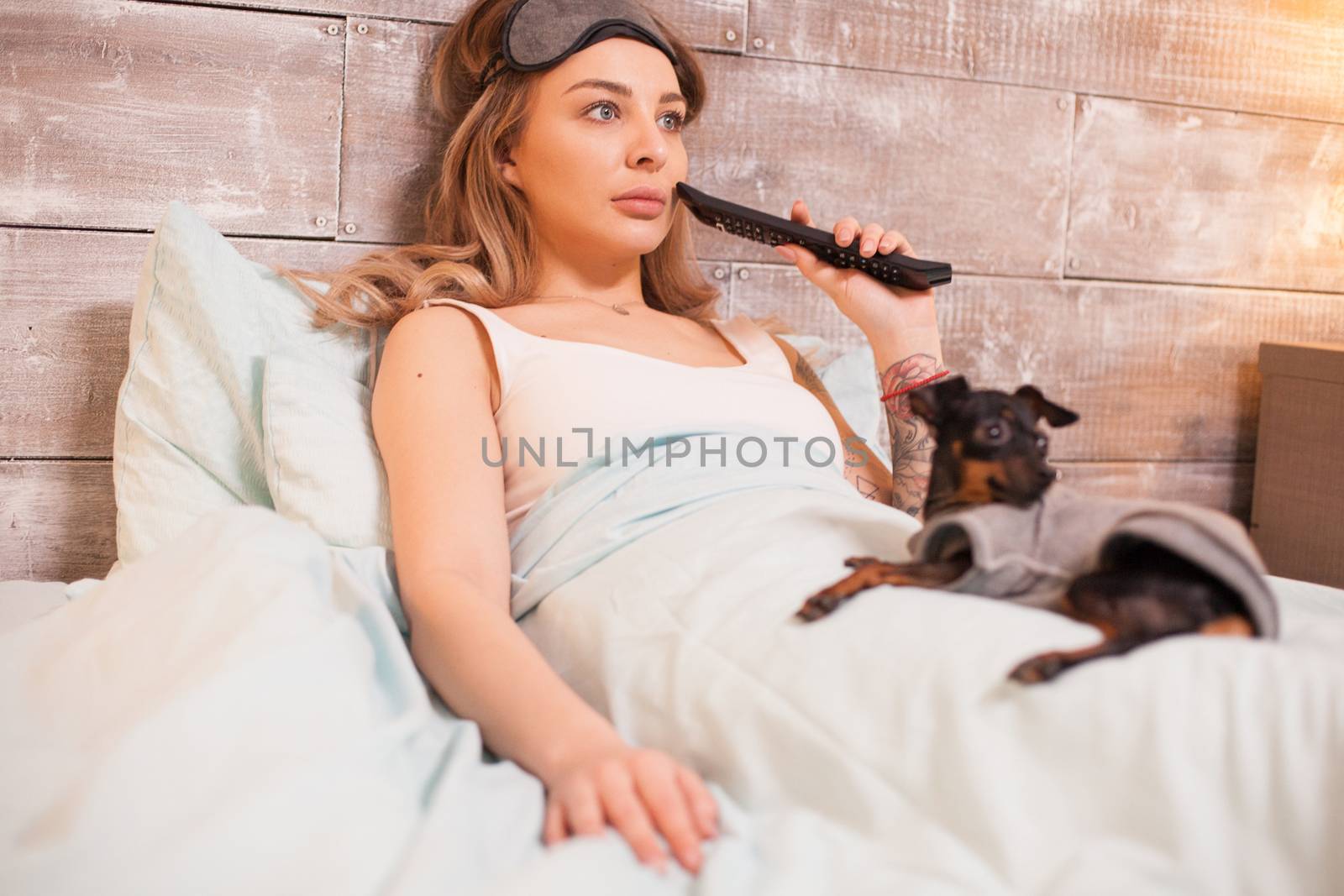 Beautiful young woman with her little dog watching tv in bedroom before going to sleep.