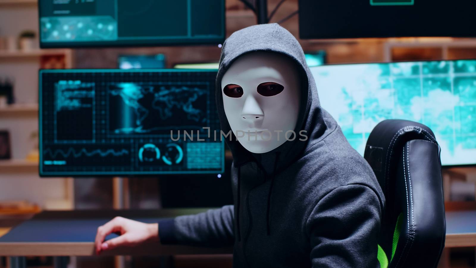 Wanted cyber criminal wearing a white mask by DCStudio