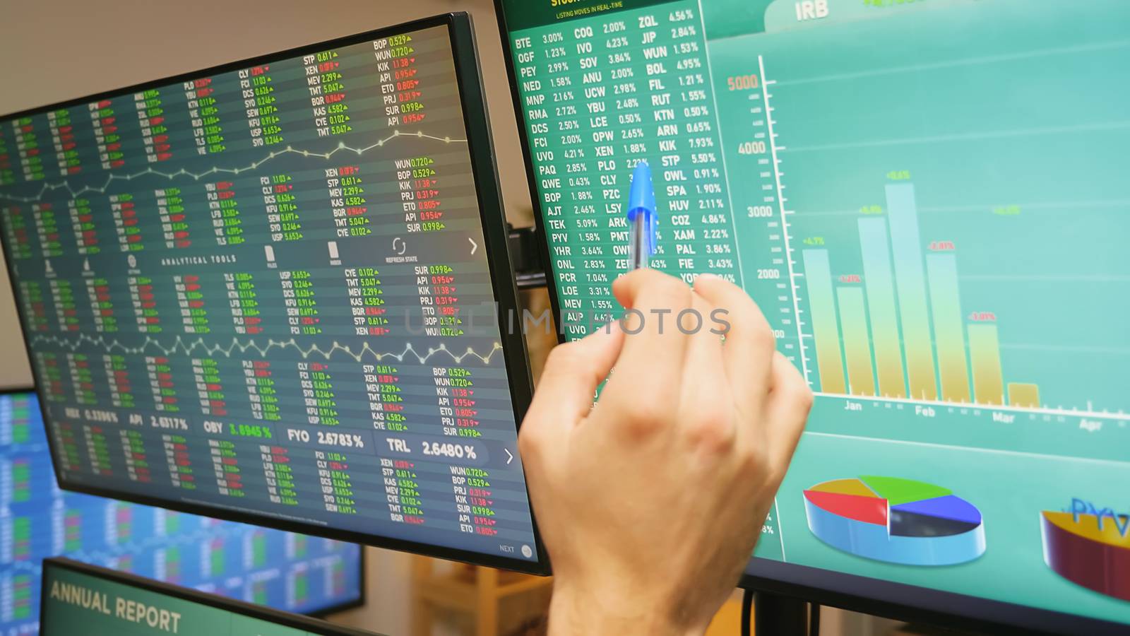 Close up of stock market trader hand on monitors with financial graphs. Economy crash.