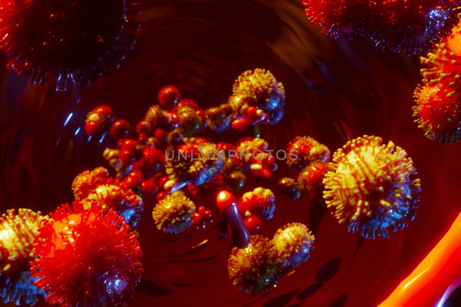 Pathogenic virus or bacteria cell in blood stream. Coronavirus global pandemia. 3D render