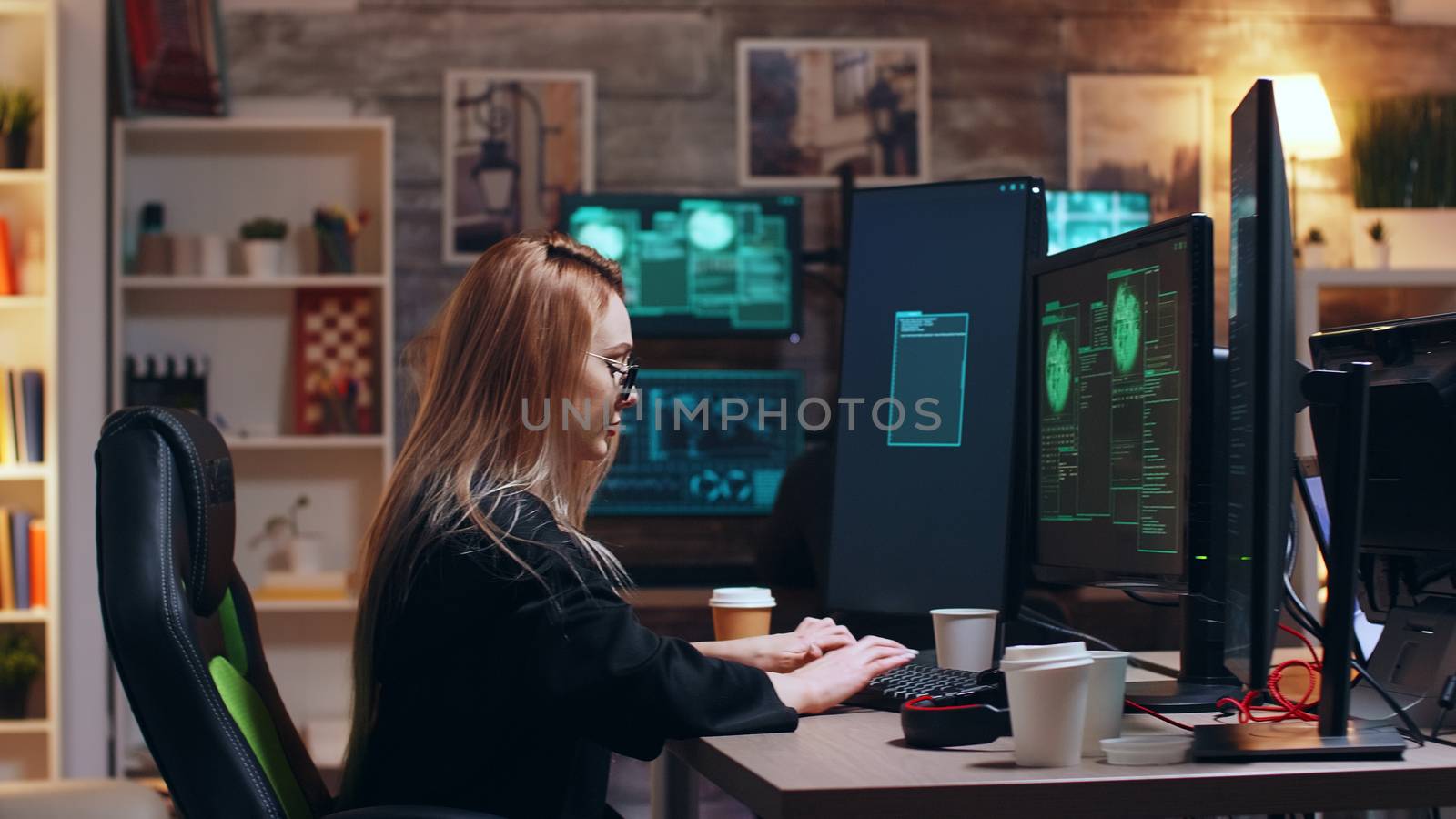 Dangerous cyber criminals working together to bring down the government using super computers. Female hacker.