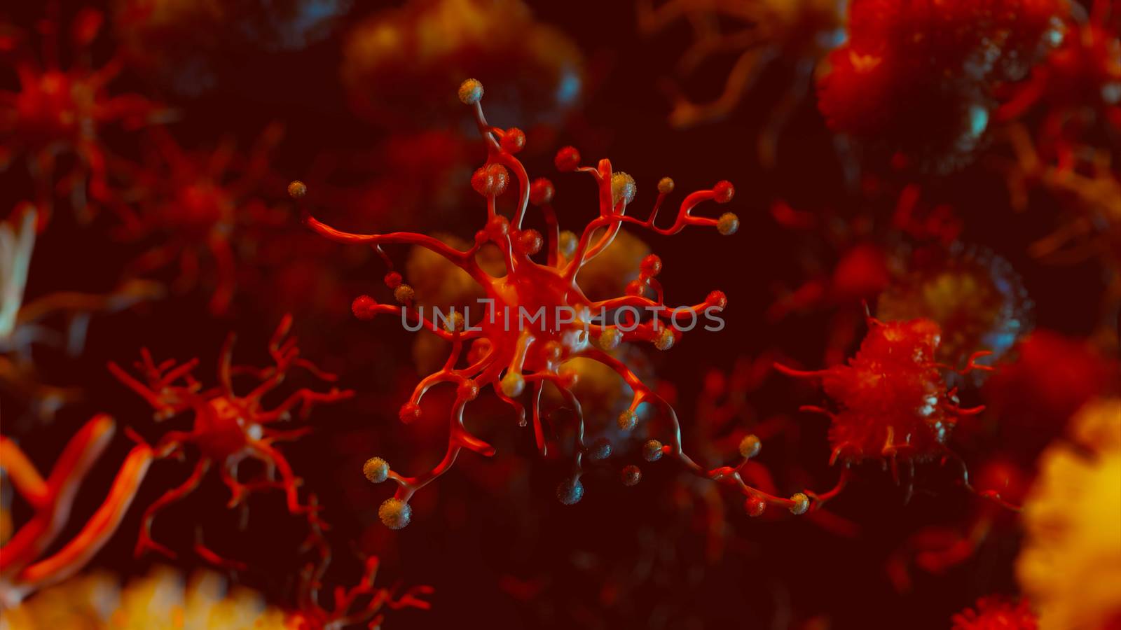 Coronavirus and virus or bacteria cell in blood stream. Healthcare crisis and global pandemic. 3D render