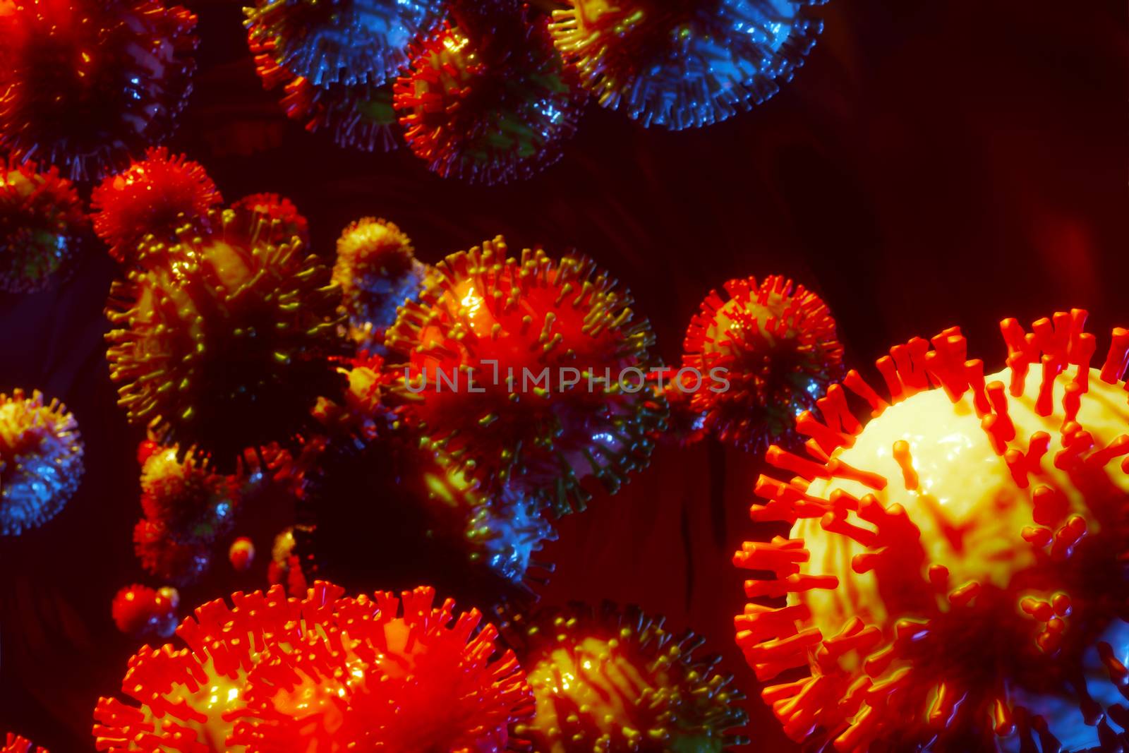Virus, bacteria or 2019-ncov cell spreading in blood stream. 3D render image