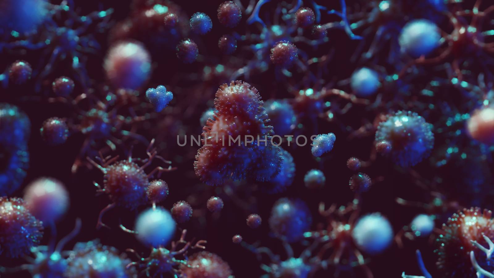 Viruses, coronavirus or bacteria cell in close up. 3D render of global crisis patogen
