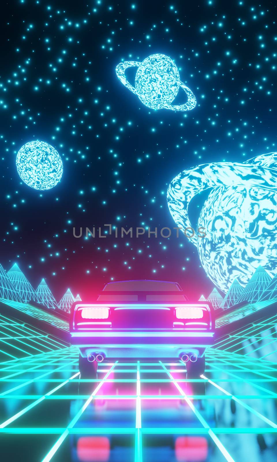 Retro scene of car traveling in sci fi landscape by DCStudio