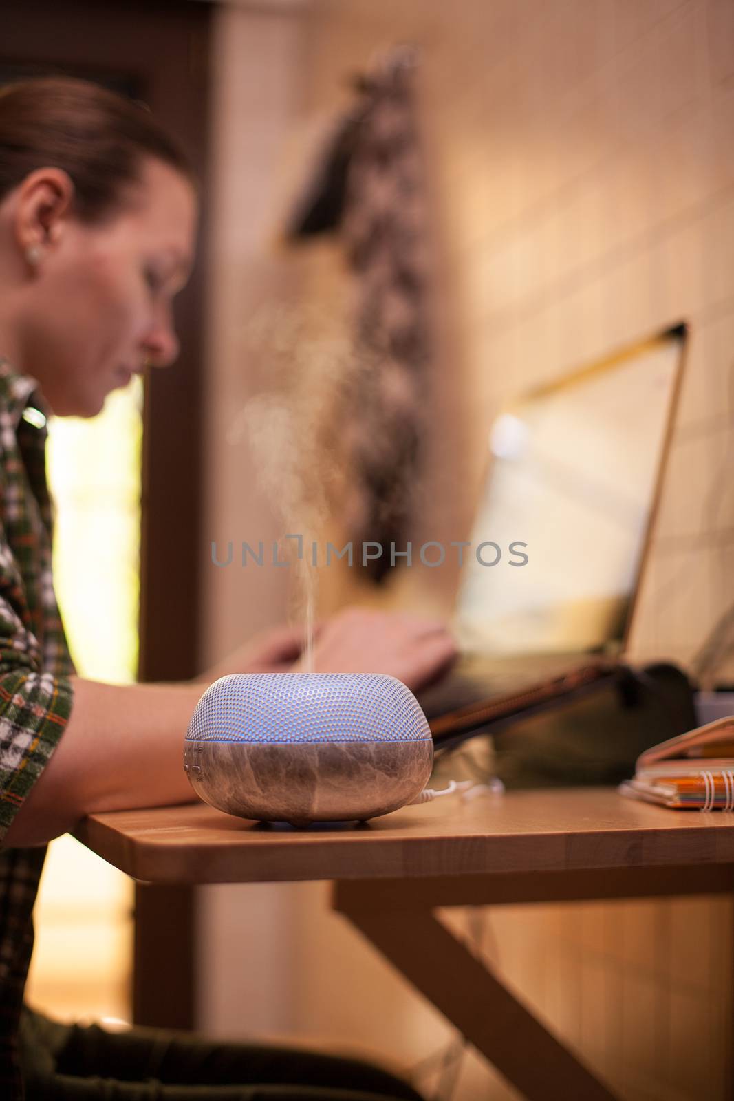 Businesswoman using laptop at home during covid-19 and aromatherapy vaporizer.