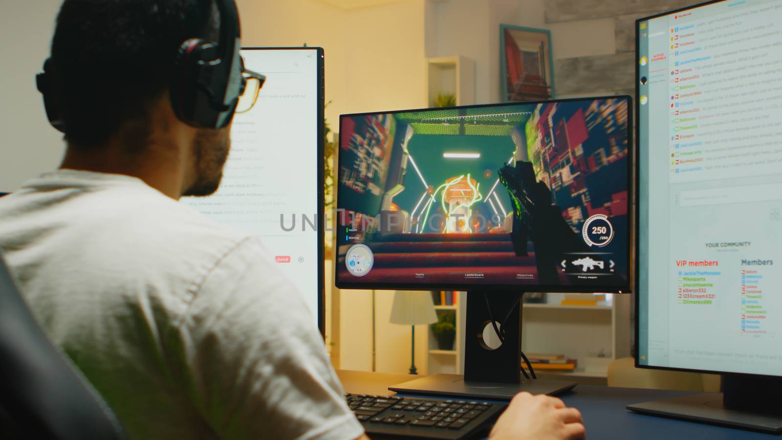 Zoom in shot of caucasian gamer playing shooter game by DCStudio