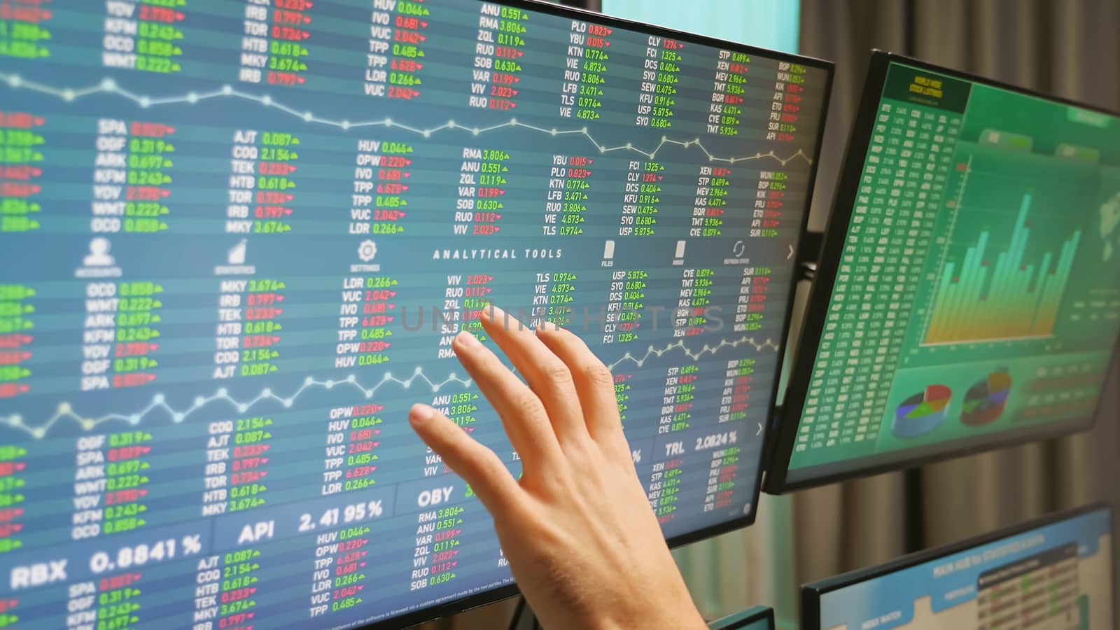 Close up of stock market trader hand on monitors with financial graphs.