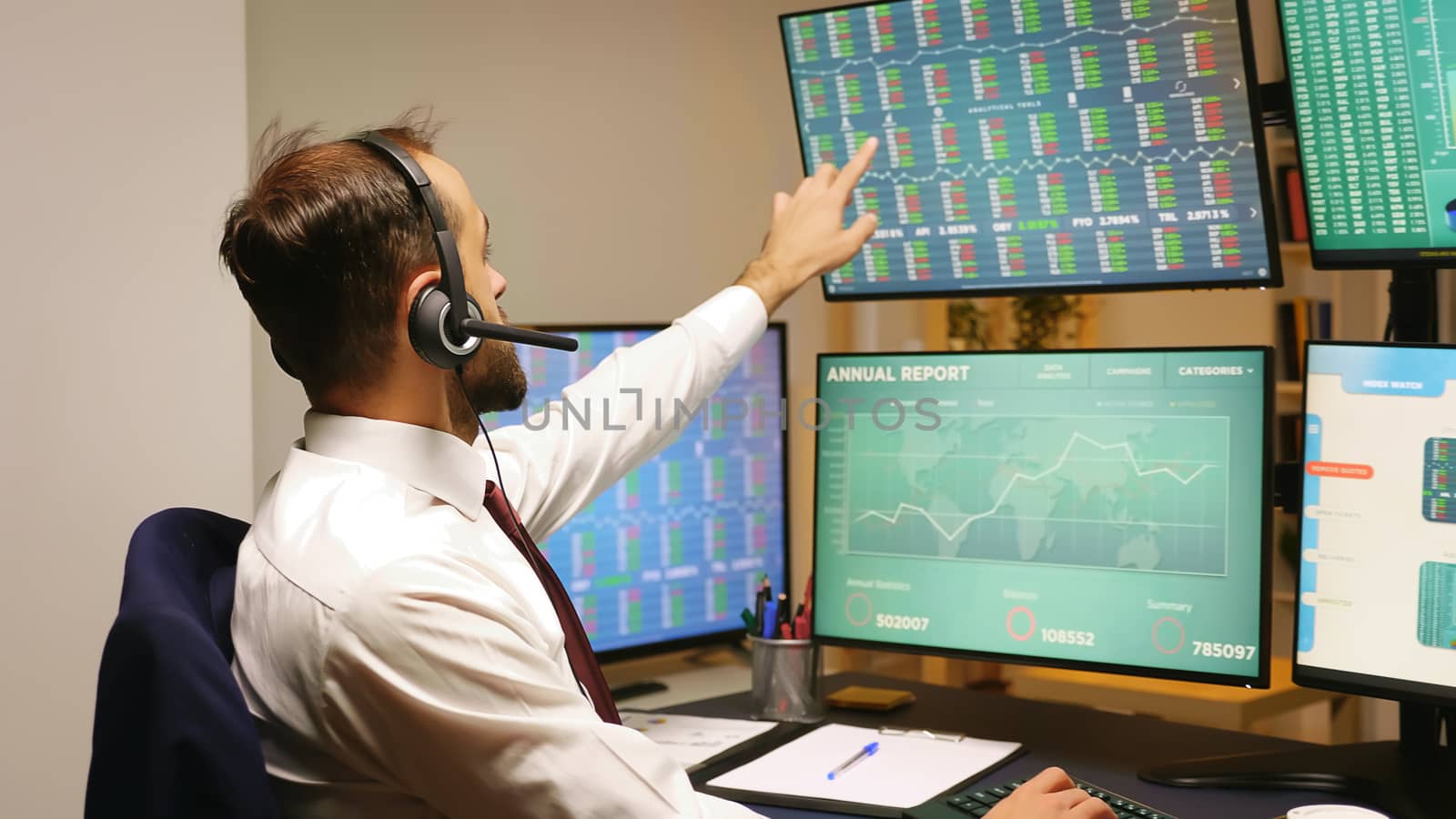 Businessman looking at stock market graphs by DCStudio
