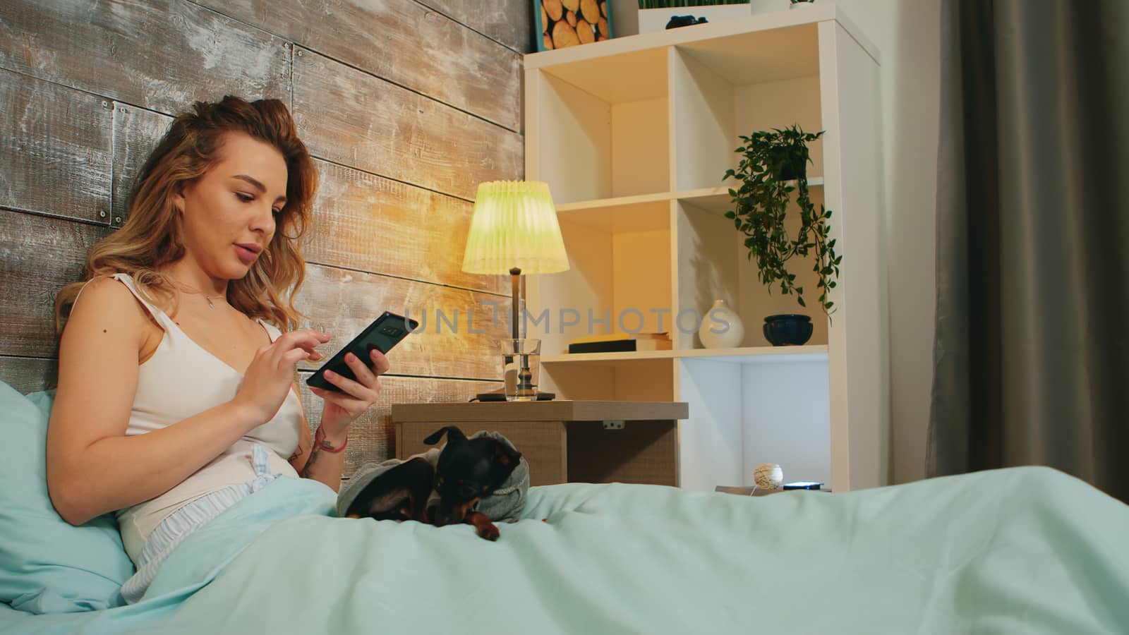 Young woman in pajamas scrolling on her phone before bedtime. Happy dog.