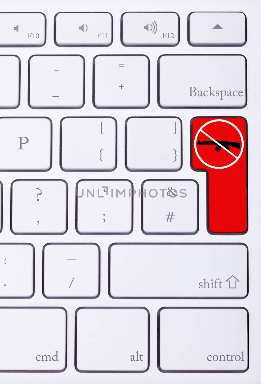 Red button on keyboard with stop guns and war sign. Criminal attack