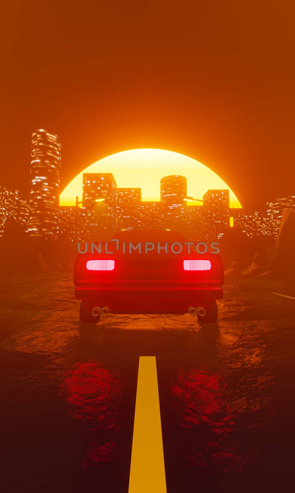 Car traveling in gorgeous sunset landscape through a big city by DCStudio