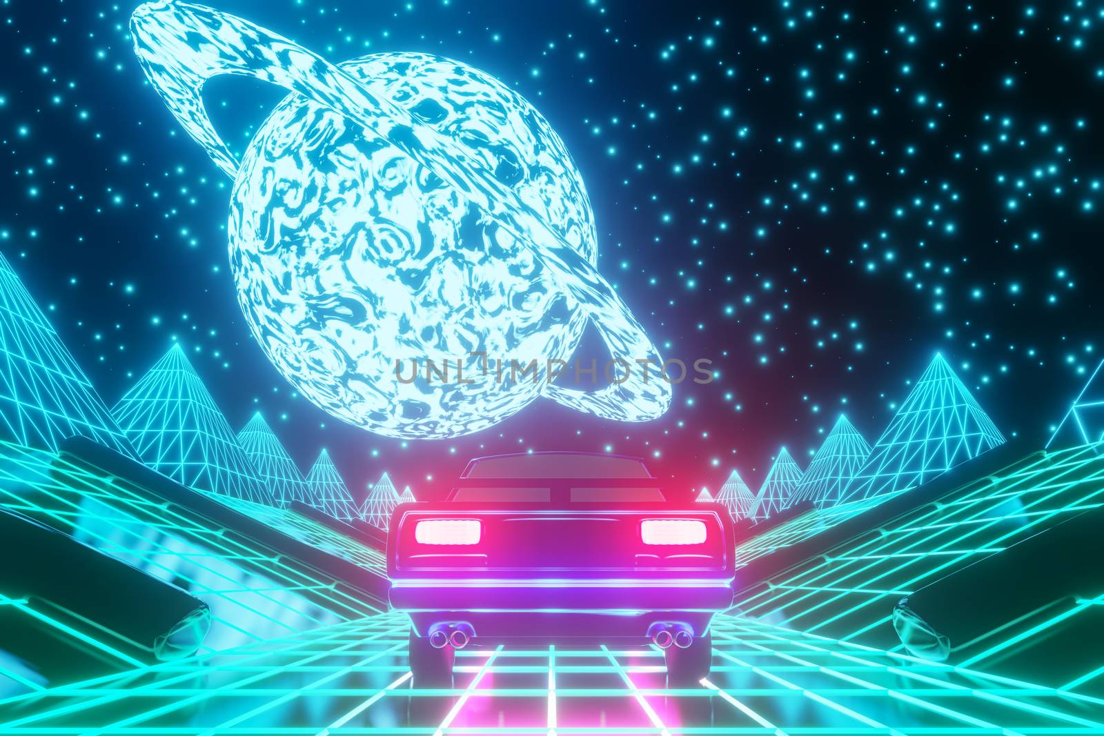 Retro scene of car traveling in sci fi landscape toward a planet. 3D render. Synthwave vj theme. Horizontal view