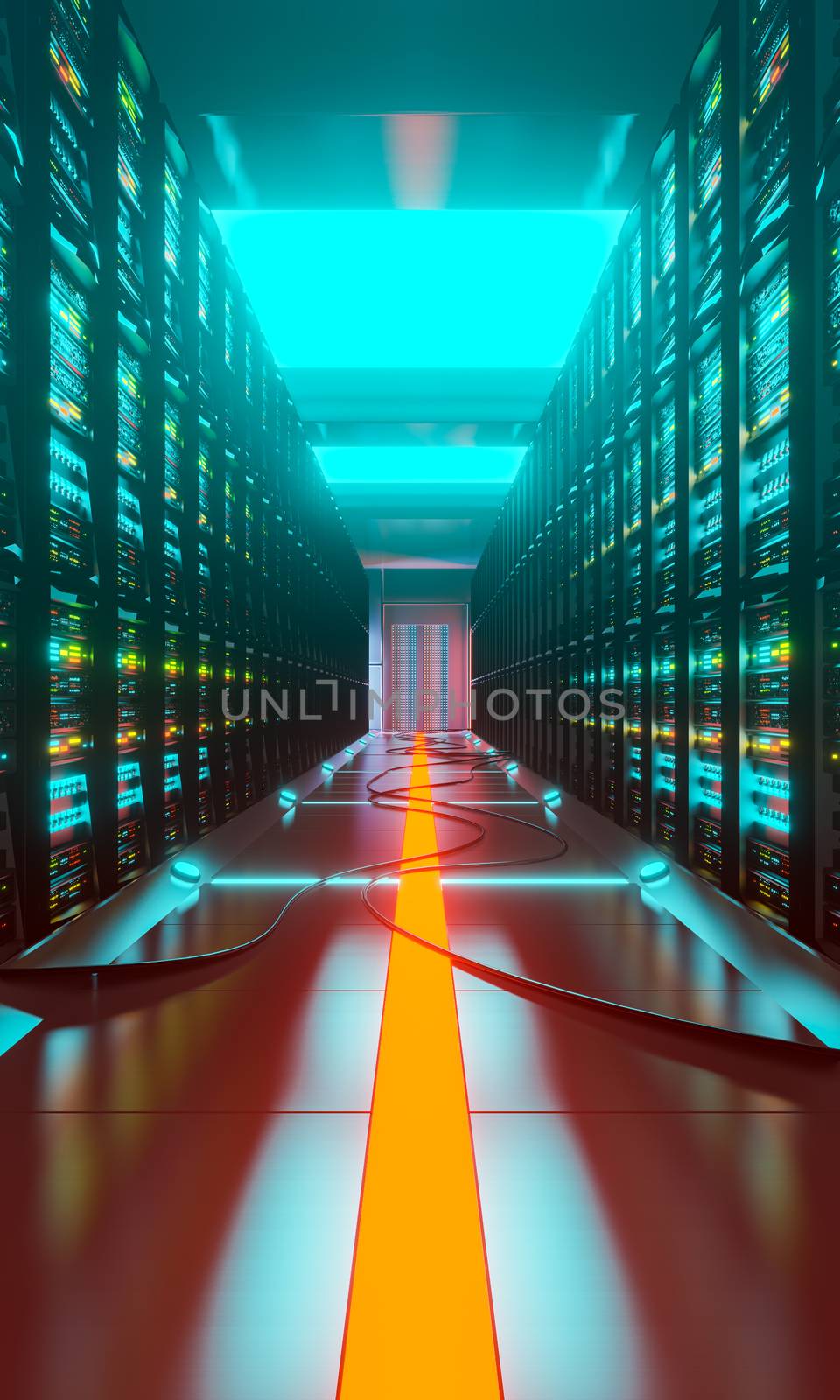 Data center with server racks in a corridor room by DCStudio