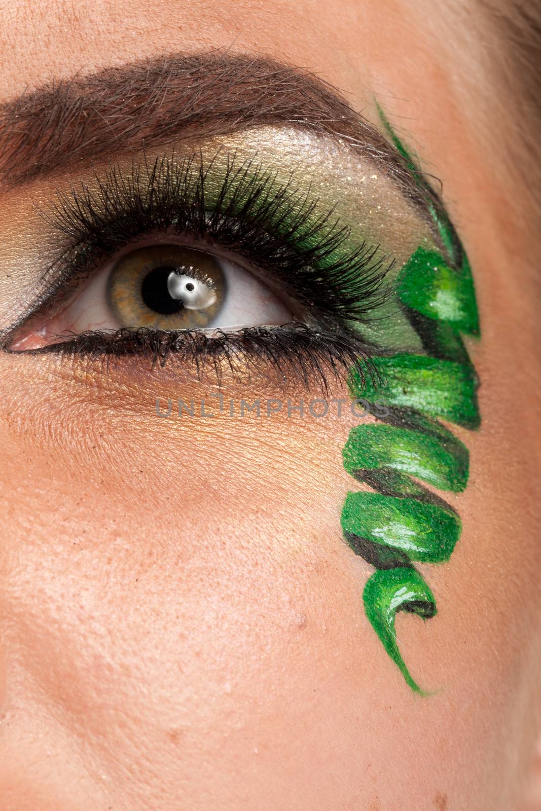 Close up of an eye with green artistic make up in studio photo