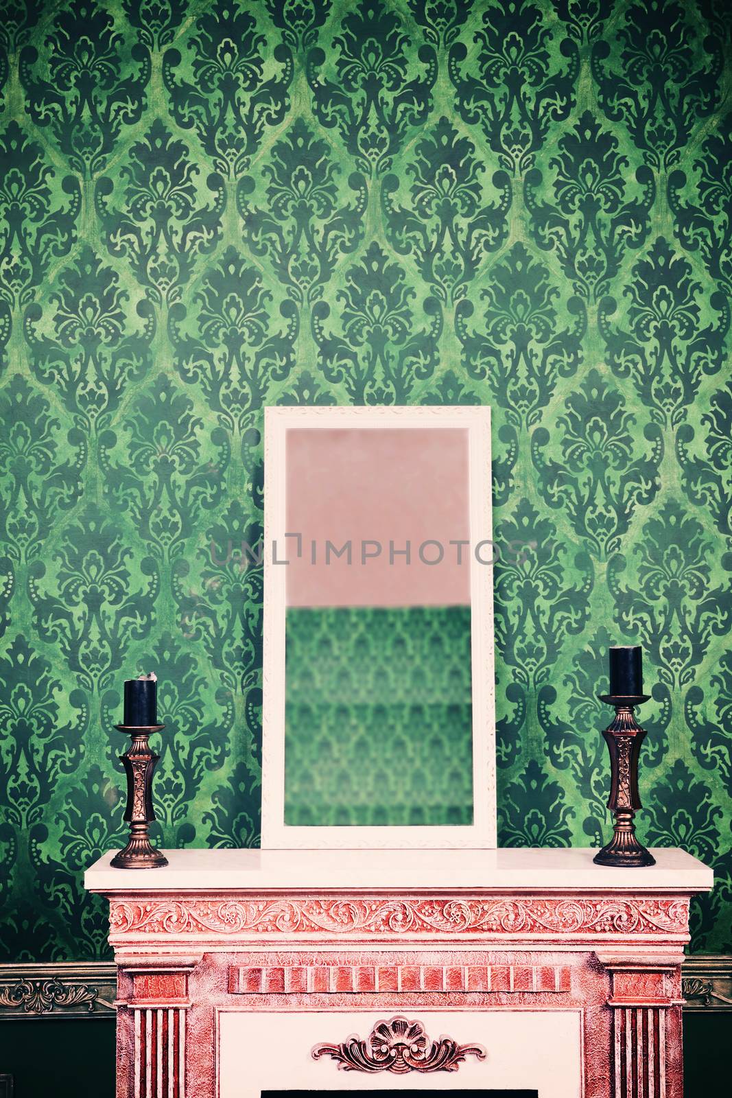 Mirror on chimney in room with vintage retro pattern wall by DCStudio