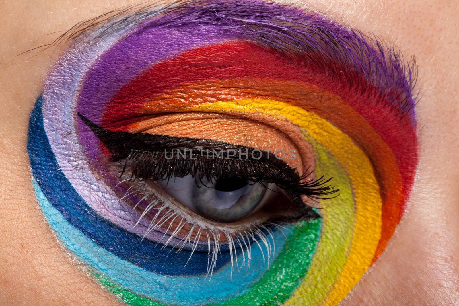 Close up of beautiful eye with rainbow make up in studio photo