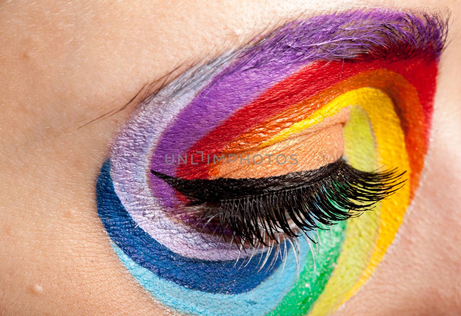 Eye with spinning rainbow colors. Close up