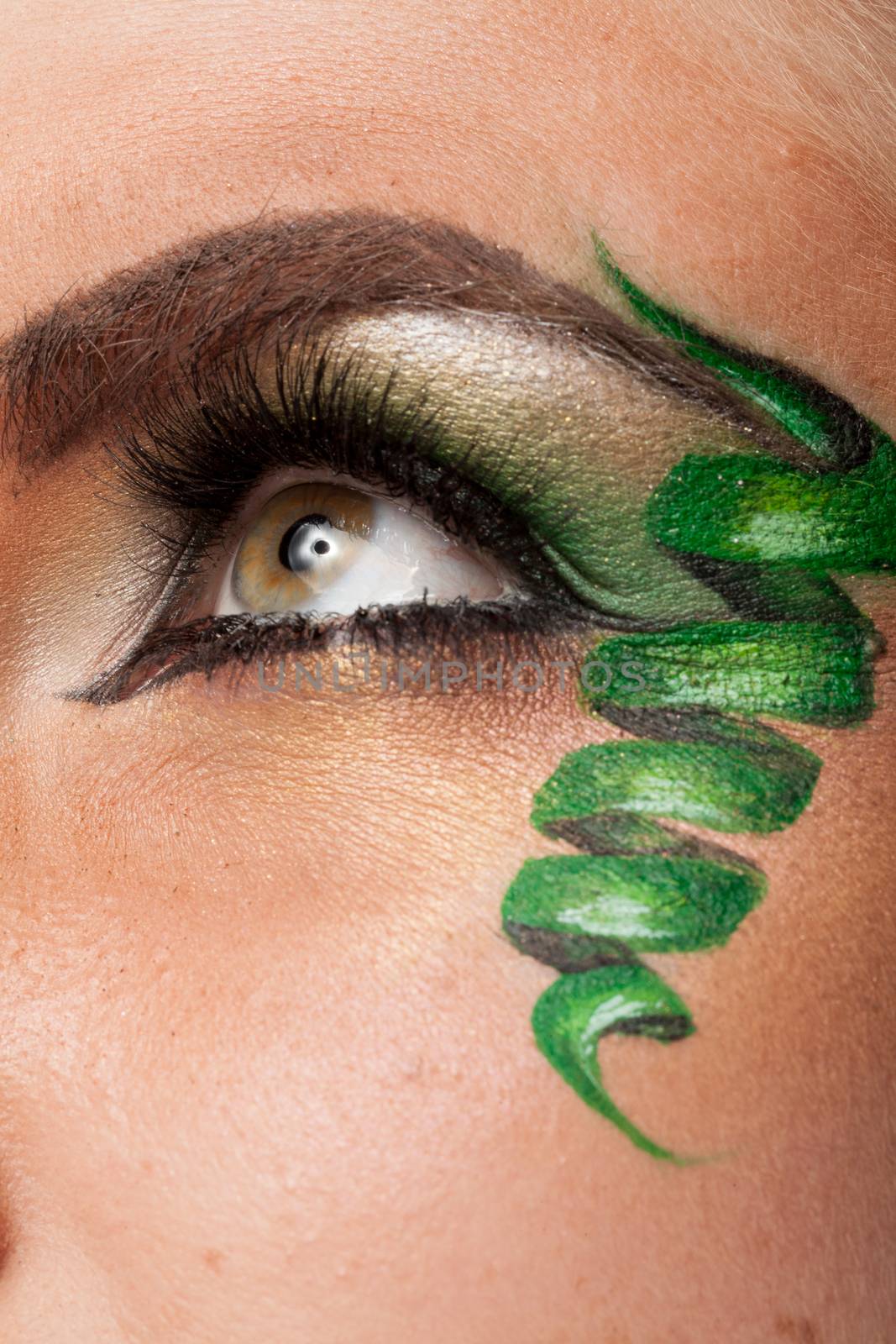 Close up of an eye with green artistic make up in studio photo