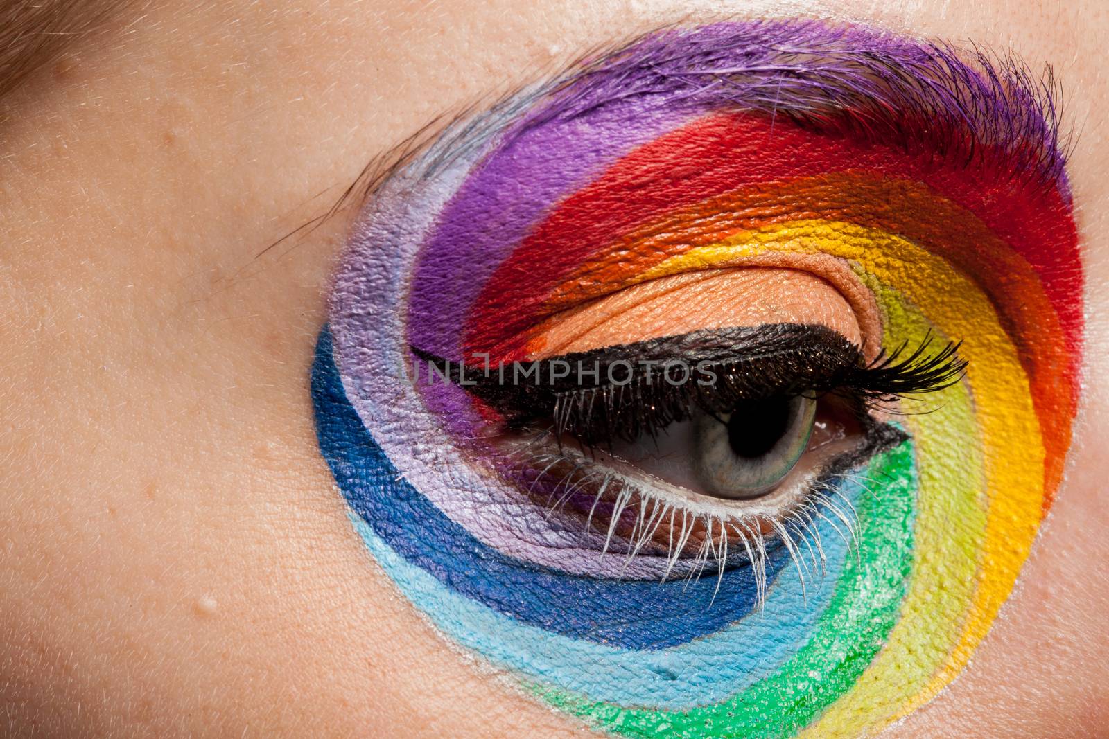 Eye with spinning rainbow colors. Close up