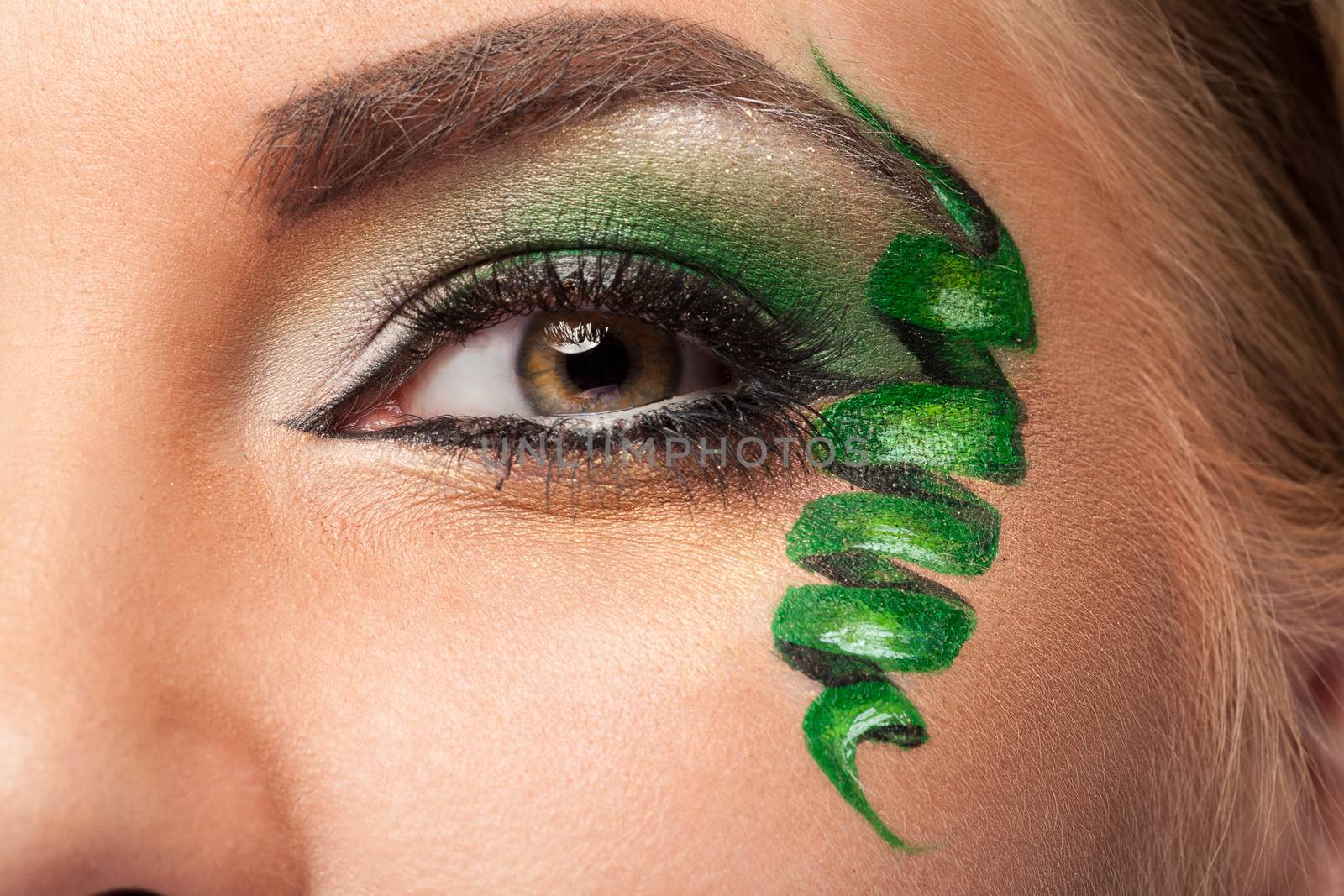 Eye with professional artistic green make up in studio photo