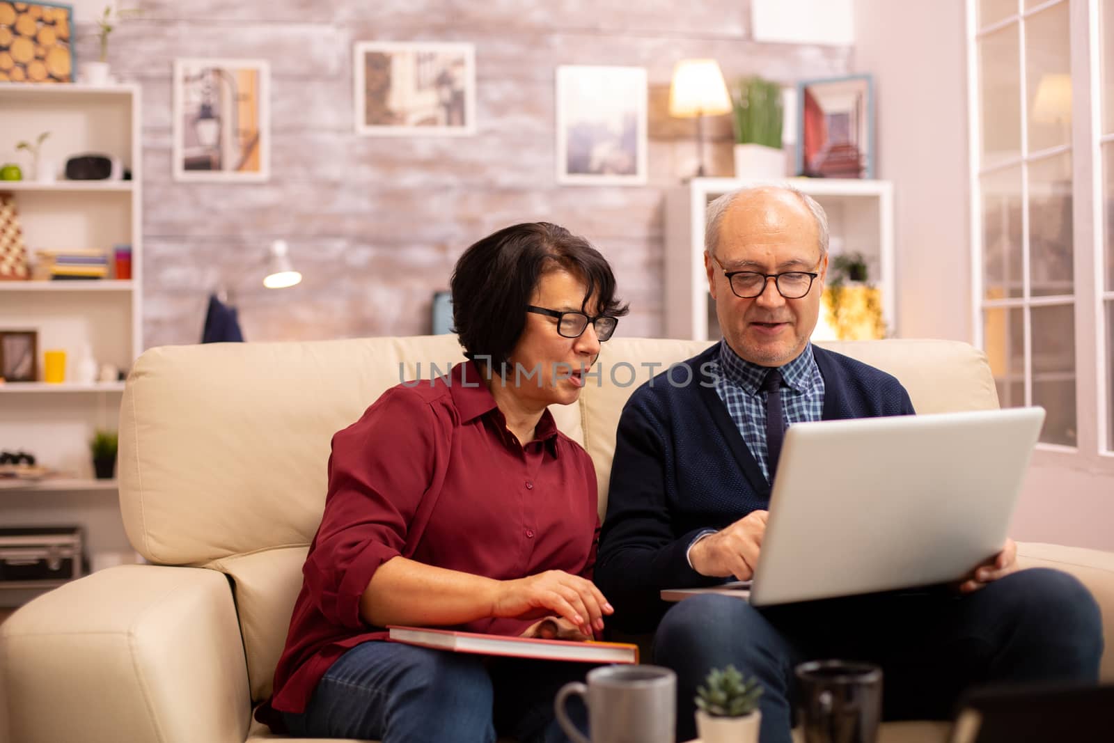 Grandmother and grandfather using a laptop to chat with their grandsons. Old people using modern technology